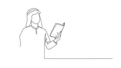 Poster - animated self drawing of continuous line drawing arab man standing reading book. gesture gets idea. 