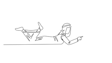 Poster - Animated self drawing of continuous line drawing Arab man lying on his stomach reading big book. Enjoy reading books in variety of styles. Reading increases insight. Full length single line animation