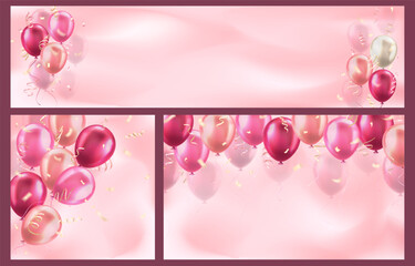 Wall Mural - Set of banner with lots of 3d pink realistic glossy balloons and confetti on blurred background with blank space for greeting text. Wallpapers for birthday, celebration party, sale, holidays, wedding