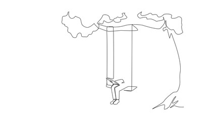 Poster - Animated self drawing of single line drawing woman sitting on a swing under a shady tree reading a book. High enthusiasm for reading. Read anywhere. Reading. Full length single line animation