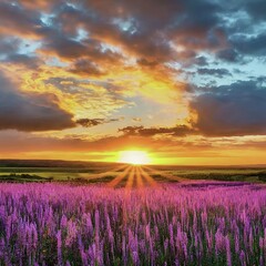 Beautiful panoramic natural landscape with a beautiful bright textured sunset over a field of purple wild grass and flowers