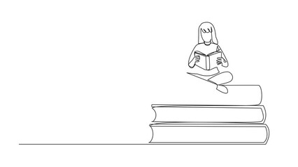 Poster - animation of continuous line drawing woman sitting cross-legged on pile of large books. read comic. 