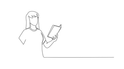 Wall Mural - Self drawing animation of single line drawing woman standing reading a book. Gesture gets the idea. Books can see from different points of view. Brilliant idea from reading book. Full length animated