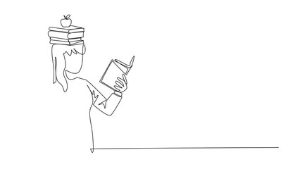 Poster - animation of one line drawing woman reading book practicing balance. stack books on top of head alon