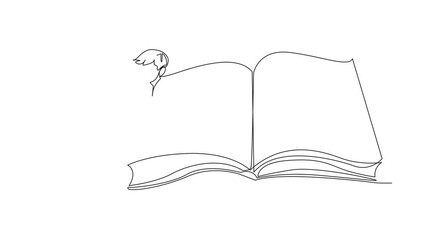 Poster - Animated self drawing of continuous line drawing serious man sitting on the edge of a large open book. Study before exam time arrives. Read textbooks with focus. Full length single line animation