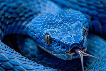 Deep Blue Snake with Tongue Out: A detailed macro shot of a deep blue snake