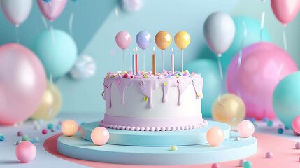 This is a 3D rendering of a birthday cake. The cake is white with pink frosting and topped with five lit candles.
