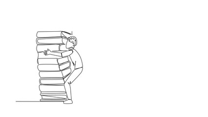 Sticker - Animation of continuous line drawing man hugging a very high pile of books. Hobby to collecting and reading books. Filling free time with useful things. Loving read. Full length motion