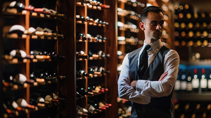 Wall Mural - Sommelier in a tailored uniform, with a polished look, standing in front of a stylish wine rack, conveying the ambiance of a high-end wine cellar.