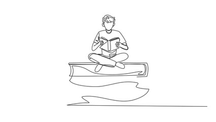 Poster - Animated self drawing of one line drawing man sitting cross-legged on pile of large books. Reading comic. Reading textbook. Read scientific. Reading increase insight. Full length single line animation