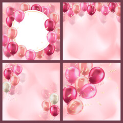 Wall Mural - Template of 3d pink realistic glossy balloons with confetti ribbons on blurred backgrounds and copy space for invitation or greeting text. Set of square banners for birthday party, sale, wedding, etc.