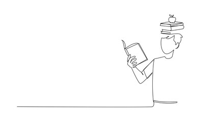 Poster - animation of single line drawing man reading book practicing balance. stack books on top of head alo
