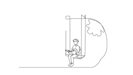 Poster - Animation of continuous line drawing man sitting on a swing under a shady tree reading a book. High enthusiasm for reading. Read anywhere. Reading increases insight. Full length motion