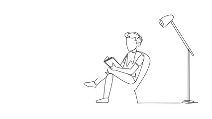 Canvas Print - Self drawing animation of one line drawing smart man sitting reading in a room with a reading lamp. Spending the holidays increasing knowledge by reading books. Love reading. Full length animated