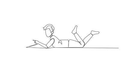Poster - Animated self drawing of continuous line drawing man lying on his stomach reading a big book. Enjoy reading books in a variety of styles. Reading increases insight. Full length single line animation