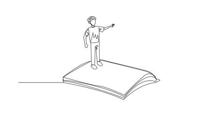 Poster - Animation of continuous line drawing man standing over open ledger turning the pages. Read slowly to understand the contents of each page. Reading increases insight. Full length motion
