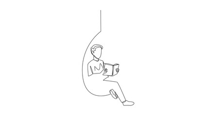Poster - animated self drawing of continuous line drawing man sitting relaxed in a hanging chair reading a bo