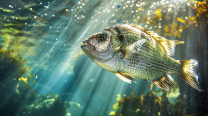 Underwater portrait of a sea bream, with sunlight filtering through the water, illuminating its shimmering scales and creating a peaceful scene.