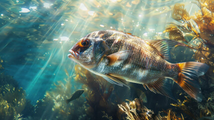 Wall Mural - Underwater portrait of a sea bream, with sunlight filtering through the water, illuminating its shimmering scales and creating a peaceful scene.