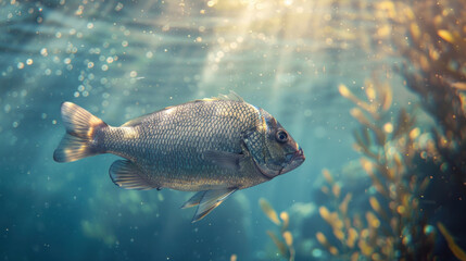 Wall Mural - Underwater portrait of a sea bream, with sunlight filtering through the water, illuminating its shimmering scales and creating a peaceful scene.