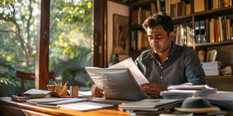 Wall Mural - an Indian entrepreneur reviewing financial documents in a stylish home office