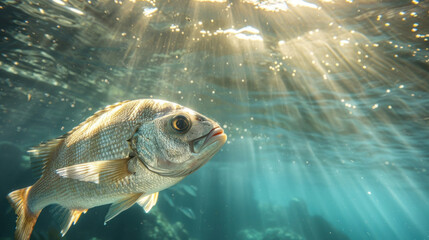 Wall Mural - Underwater portrait of a sea bream, with sunlight filtering through the water, illuminating its shimmering scales and creating a peaceful scene.