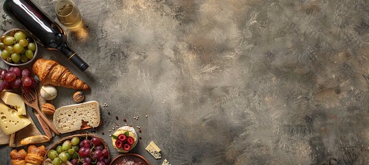 Wall Mural - French Picnic: A Top-Down View of a Background with French Food: Featuring baguette slices, assorted cheeses, grapes, croissants