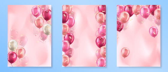 Wall Mural - Set of vertical banners with 3d realistic pink glossy balloons and confetti ribbons decoration with blank space for greeting text. Posters design for birthday, celebration party, invitation, wedding