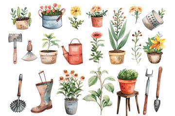 Canvas Print - Gardening Joy: A set of digital planner stickers with watercolor illustrations of gardening tools, plants, flowers, pots