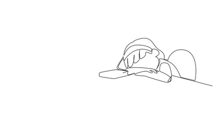 Poster - Self drawing animation of single line drawing girl asleep at the table where there were piles of books. Tired after successfully finishing the favorite reading book. Love read. Full length animated