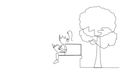 Poster - animated self drawing of single continuous line drawing girl sitting on school park bench reading bo