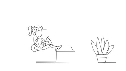 Poster - self drawing animation of continuous line drawing girl sitting stretched out on the sofa reading a b