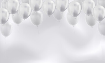 Wall Mural - Template of background with 3d white realistic balloons and empty space for greeting text or invitation. Festive wallpaper or banner with glossy helium balloons for Birthday party, celebration theme