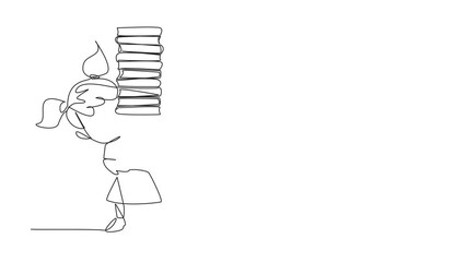 Poster - animated self drawing of continuous line drawing girl carrying tall stack of books covering herself.