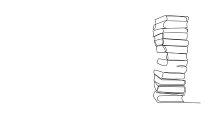 Poster - animation of one line drawing girl hugging very high pile of books. hobby to collecting and reading 