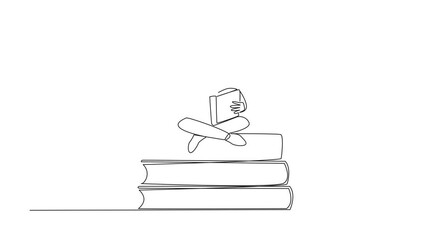 Canvas Print - Animation of single line drawing girl sit cross-legged on pile of large books. Reading comic. Reading textbook. Read scientific journals. Reading increase insight. Full length motion
