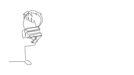 Poster - animation of continuous line drawing boy standing hugging some books. favorite book that finish read