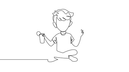Poster - self drawing animation of continuous line drawing boy sitting cross-legged reading book. accompanied