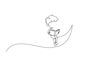 Canvas Print - Animation of continuous line drawing boy sitting on crescent moon reading a book. Metaphor of reading a fairy story before sleeping. Read until late. Love reading. Full length motion
