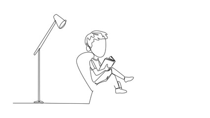 Wall Mural - Animated self drawing of single line drawing smart boy sitting reading in a room with a reading lamp. Spending school holidays increasing knowledge by reading books. Full length single line animation