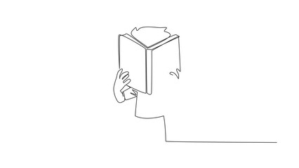 Poster - animation of single line drawing boy seriously reading a book until cover the face. nervous when fac