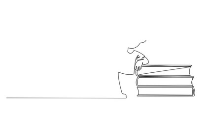 Poster - Self drawing animation of continuous line drawing boy standing reading a book while leaning against a pile of large books. Hobby of reading anywhere. Very happy when reading. Full length animated