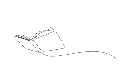 Poster - animation of continuous line drawing boy standing on a large flying open book. like riding a cloud, 