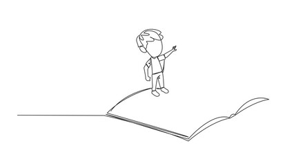 Wall Mural - Animated self drawing of single line drawing boy standing over open ledger turning the pages. Read slowly to understand the contents. Reading increases insight. Full length single line animation