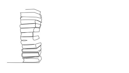 Poster - animation of continuous line drawing boy hugging a very high pile of books. hobby to collecting and 