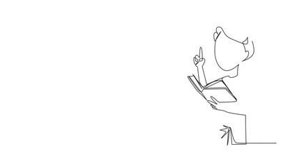 Poster - Self drawing animation of continuous line drawing boy standing reading book. Gesture gets the idea. Books can see from different points of view. Brilliant idea from reading book. Full length animated