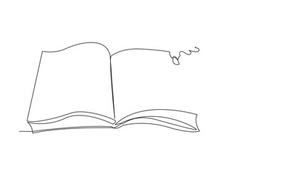 Poster - self drawing animation of single line drawing serious boy sitting on the edge of a large open book. 