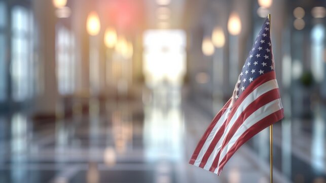 A small American flag in focus with a blurred modern indoor background, symbolizing patriotism and national pride.