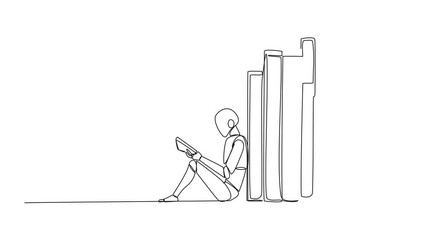 Poster - animation of single line drawing robot reading sitting leaning against pile of books. habit of readi