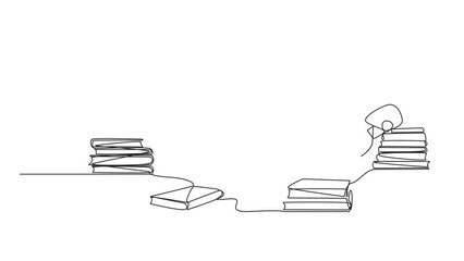 Poster - Self drawing animation of one line drawing smart robot lying down reading a book. Lots of books scattered around. Hobby reading. Technology book festival concept. Future AI. Full length animated